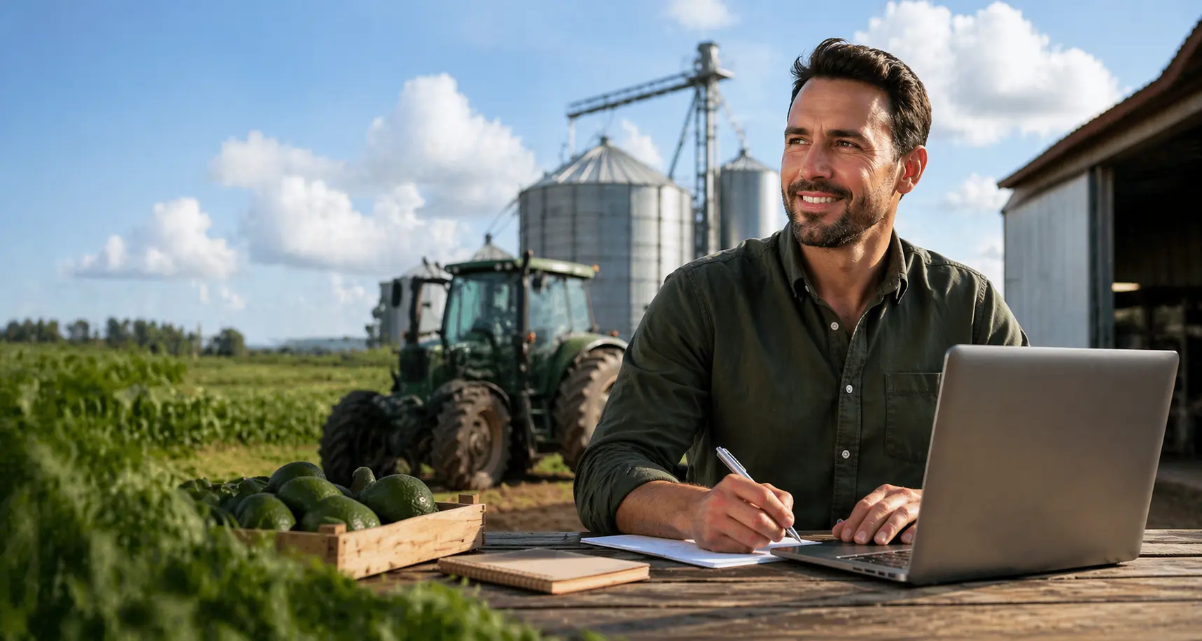 Productor agrícola registrando sus facturas en un computador portátil junto a su cultivo