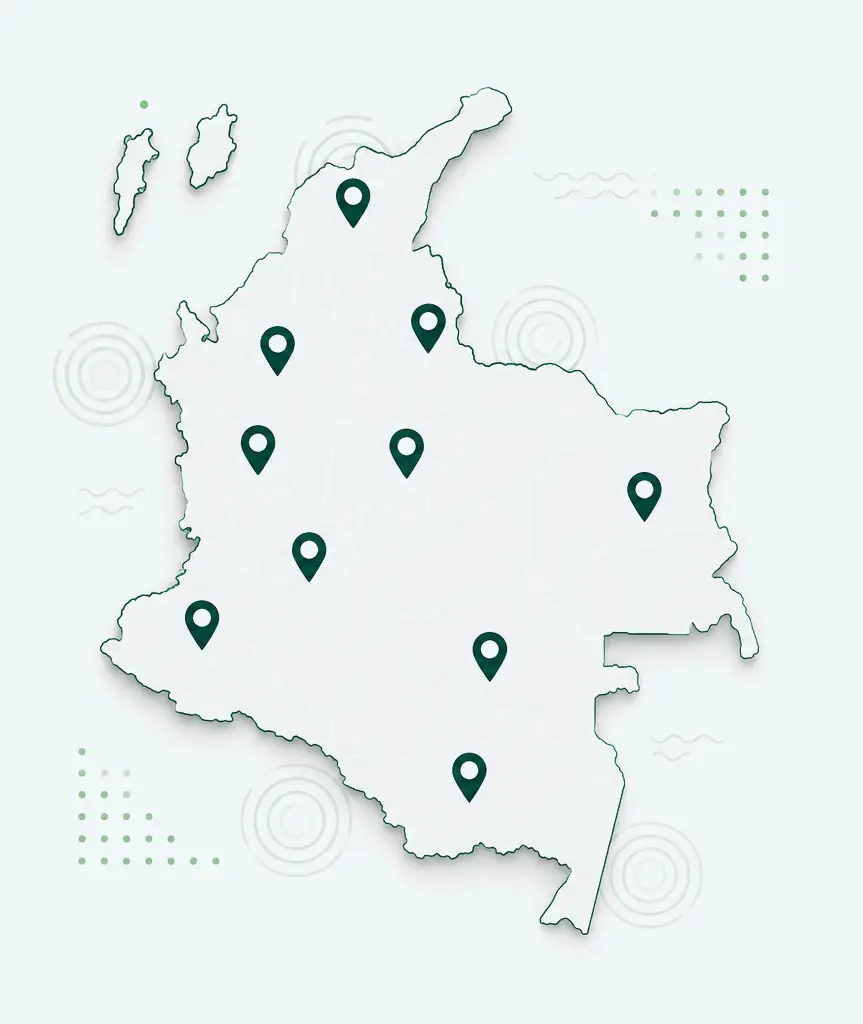 Mapa de Colombia con la presencia de Comiagro en diferentes regiones del país