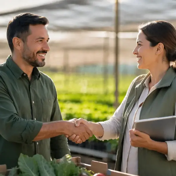Empresarios agrícolas cerrando un acuerdo comercial en un cultivo