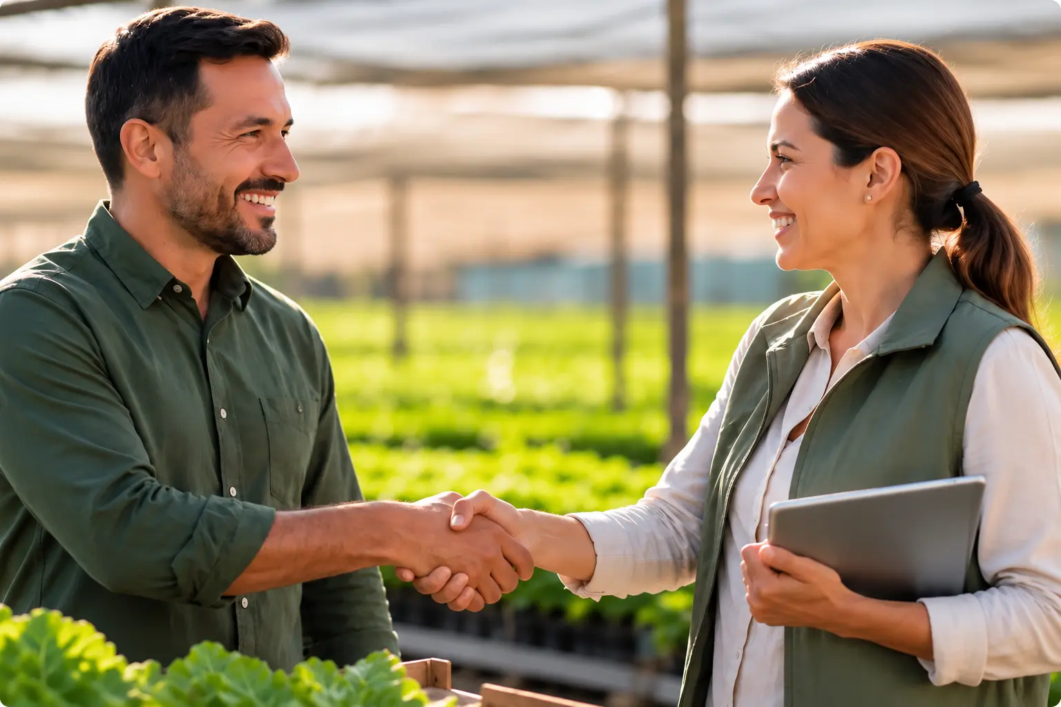 Empresarios agrícolas cerrando un acuerdo comercial en un cultivo