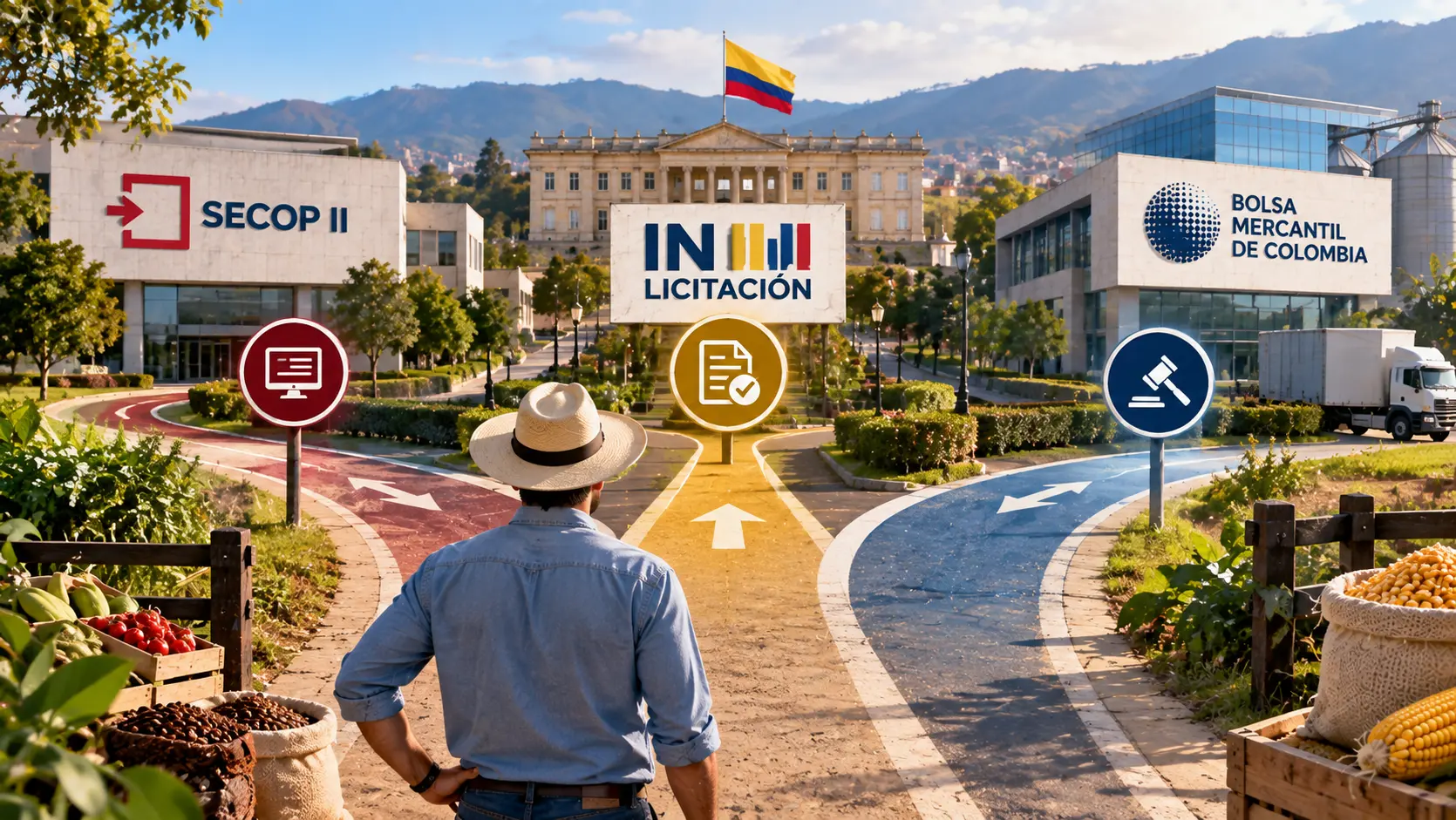 Infografía de los 3 caminos para vender al Estado en Colombia: licitación, SECOP II y MCP